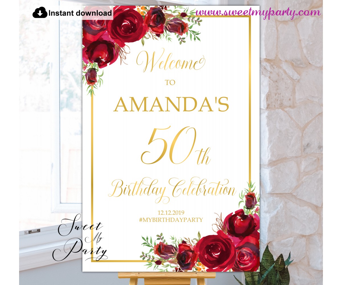 Red Roses 50th Birthday Party Welcome sign template,(16)